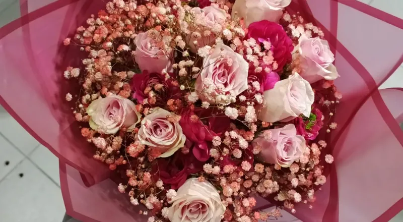 Pink and red roses with pink baby's breath in pink wrapper