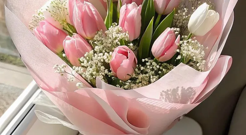 Pink and white tulips with baby's breath in pink wrapper